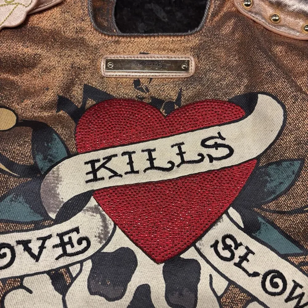 Vintage Y2K Ed Hardy Loves Kills Slowly Skull Roses Large Boho Purse Bag Bronze - Picture 4 of 9